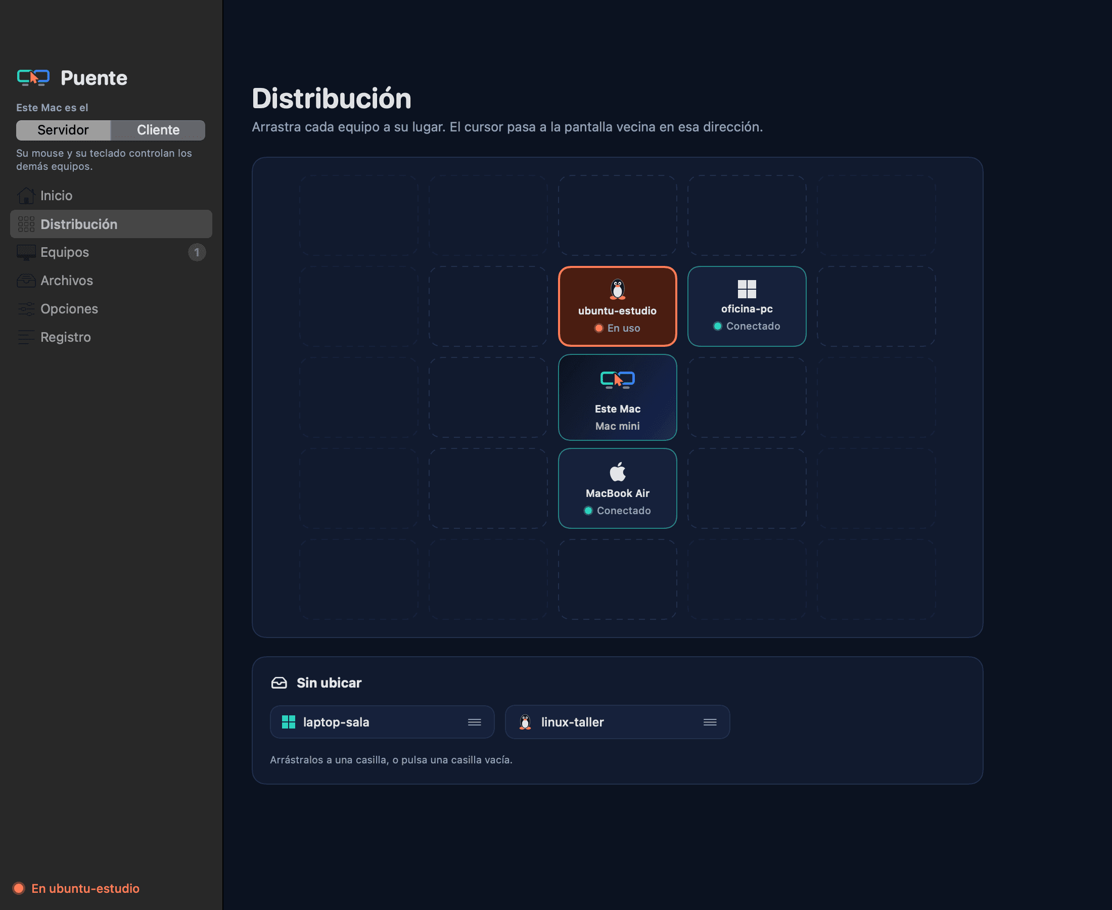 Sección Distribución de Puente: una cuadrícula con el Mac mini al centro, un equipo Ubuntu arriba, una PC con Windows a un lado y un MacBook Air abajo.
