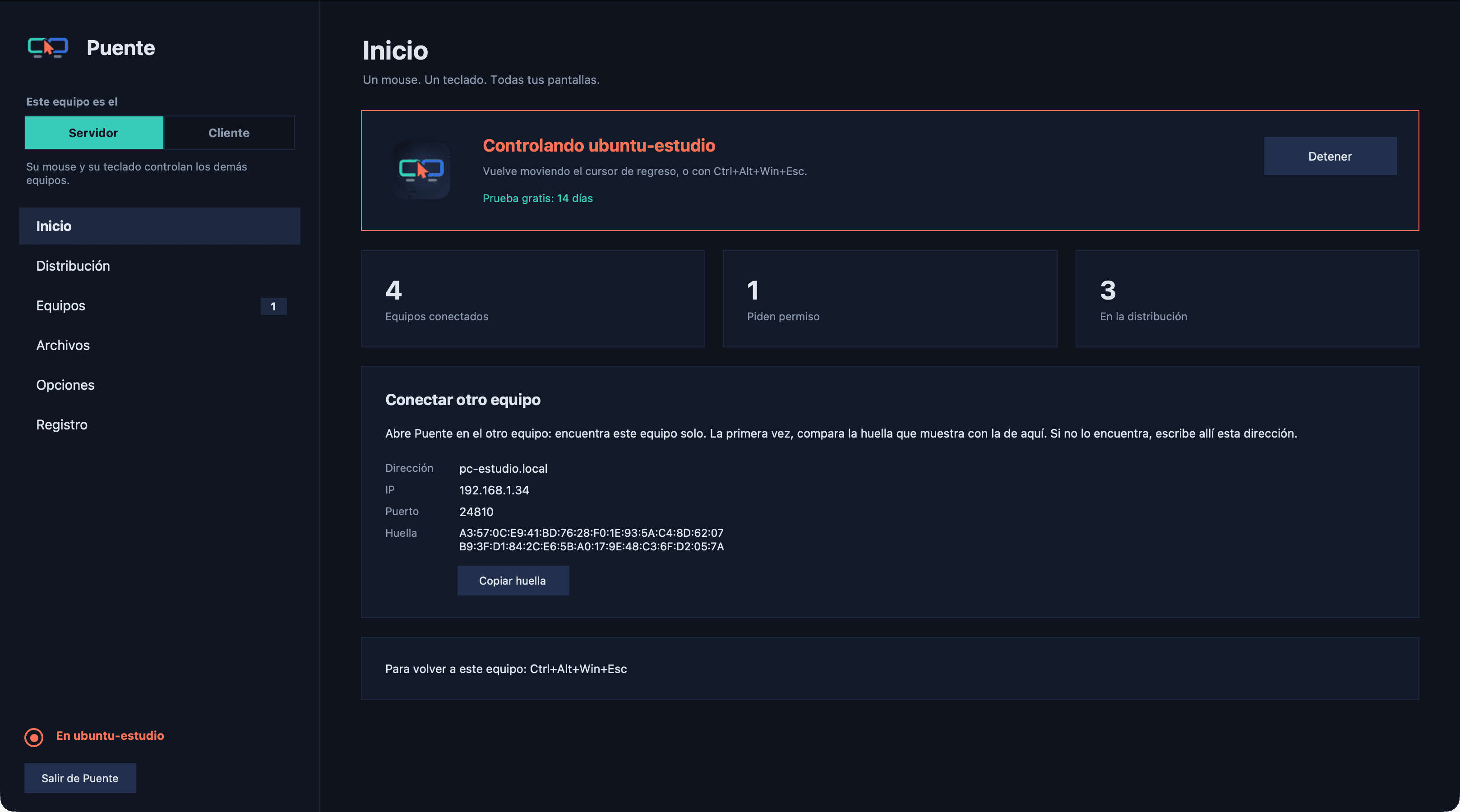 Puente como servidor en una PC con Windows: controlando ubuntu-estudio, con cuatro equipos conectados.